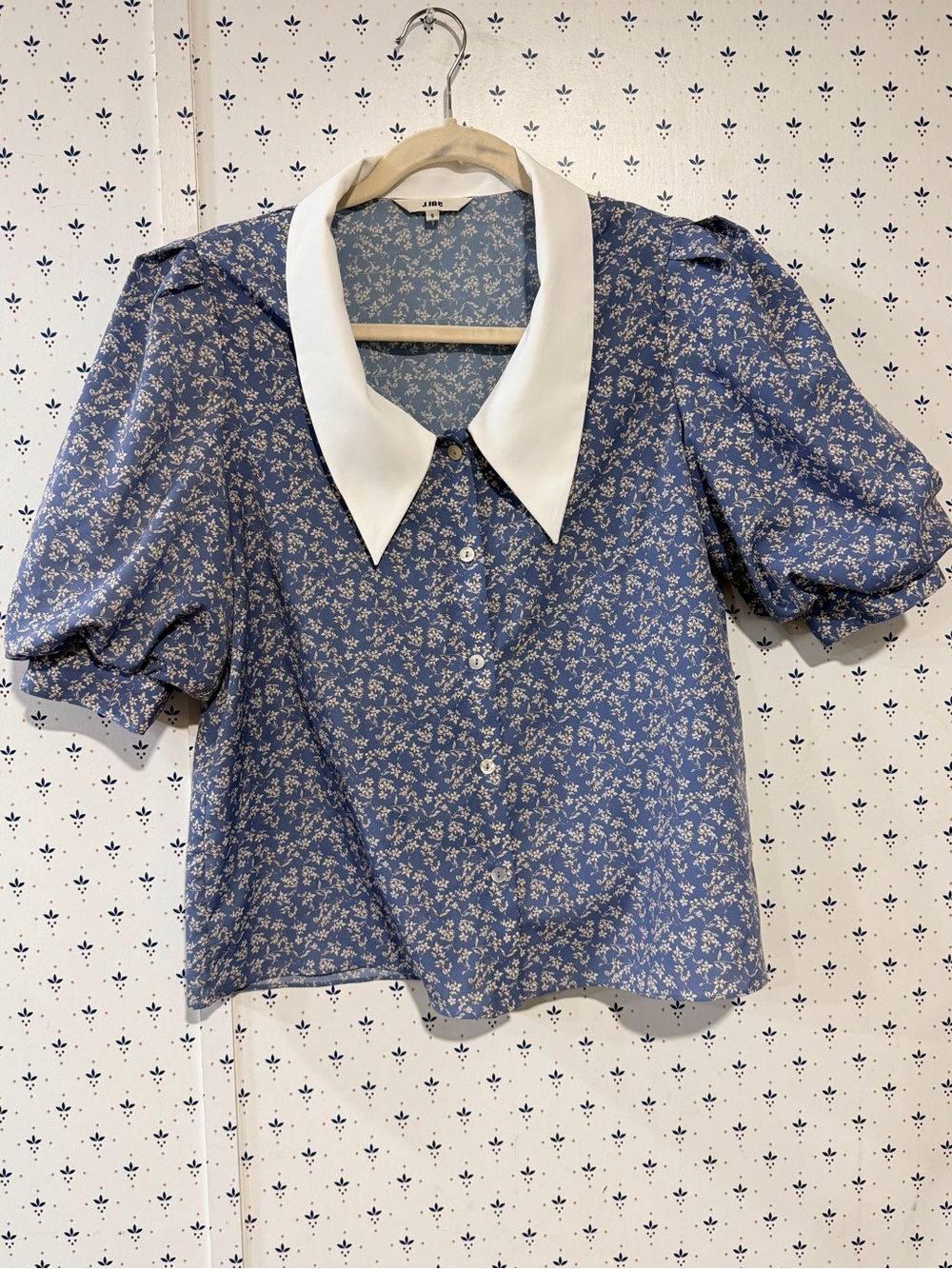 J.ING Blue Ditsy Floral Puff Sleeve White Contrast Collar Blouse Small